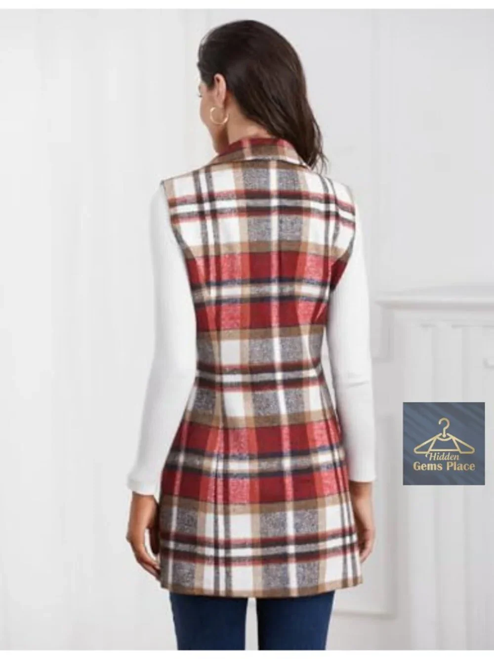 Wool Blend Plaid Sleeveless Vest Notch Lapel Casual Blazer Cardigan
